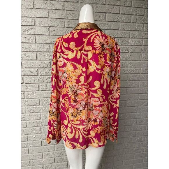 JM Collection Women Multicolored Long Sleeve Gold Sequin Collar Shirt Size 10 - Picture 2 of 9